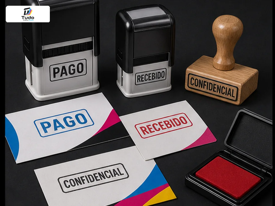 Carimbos automáticos, madeira e almofada de tinta